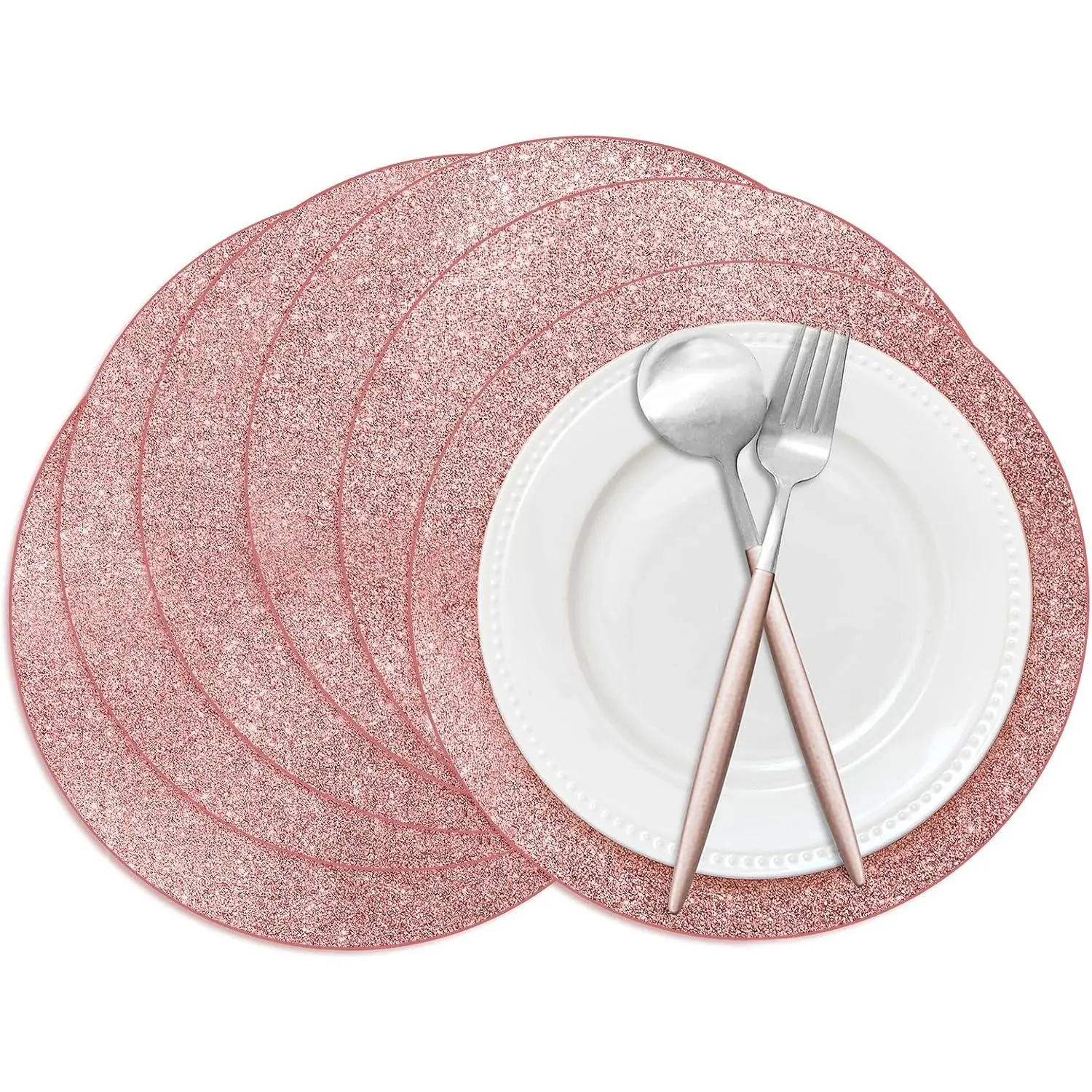 50-Piece Rose Gold Glitter Disposable Round Placemats & Doilies & Coasters, 14in Shiny Finish Tableware, Decor for Wedding Events, Home Dining Table (Kitchenware)