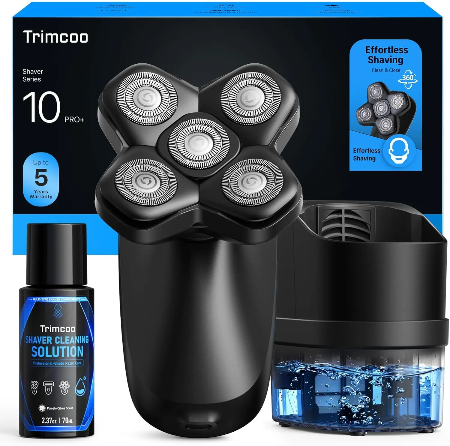 Trimcoo 5D 5-Head Electric Bald Head Shaver with Automatic Cleaning & Drying Station, Wet & Dry IPX6, 120-Min Runtime, USB-C Rechargeable, Detachable Rotary Blades