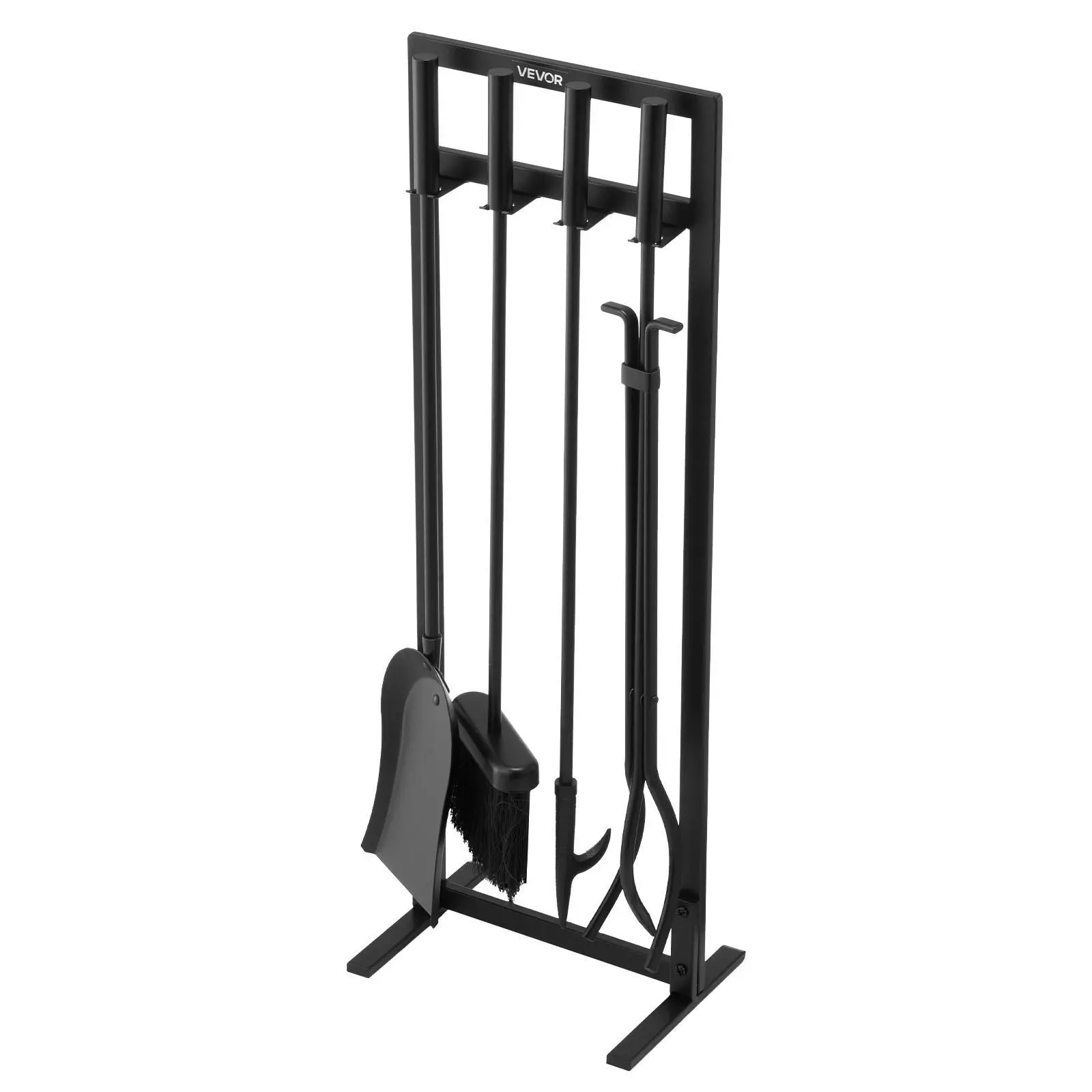 【toolupgrade】VEVOR 5-in-1 5-Pc Black Metal Fireplace Tool Set with 29" Stand Reach, Square-Frame Stand Kit, Tongs, Ash Shovel, Brush, Fire Poker, Corrosion-Resistant Steel Accessories, Ergonomic Handle, for Indoors, Outdoor Fire Pits, Assembly Required, I