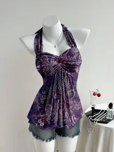 SlaySleep x Comfortcana Women's Casual Retro Twist Knot Ruched Backless Halter Top,Off The Shoulder Top