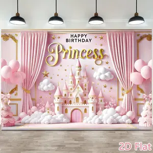 Pink Happy Birthday Backdrop - Princess Theme Party Balloon Castle Pattern Background Cloth, Happy Birthday Party Decoration, Baby Shower Party Photography Supplies
