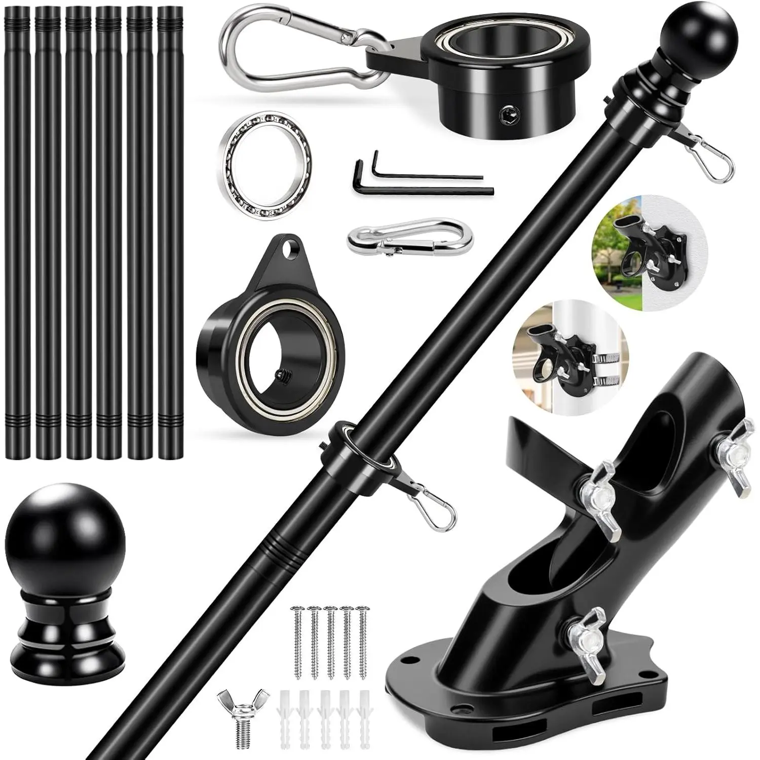 Flag Poles Kit with Bearings Rings & Flag Bracket, 7 FT 360? Spinning Flag Pole Stainless Steel Flagpole with Bearing Steel Ball Swivel Rings Clips & 2-Position Holder for Outside House Wall Mounted