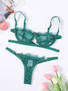 Sexy Lace 2-Piece Set Women's Underwear, Bra with Ring Details and Thong, Casual Fitted Sleepwear, All Seasons