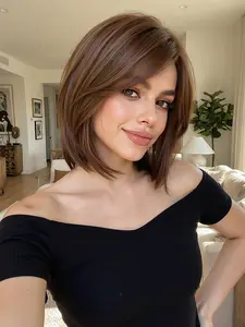 Chestnut Brown Straight Bob Wig  with Side Bangs – Natural Synthetic Hairpiece | Transform Your Look in Seconds! ✨