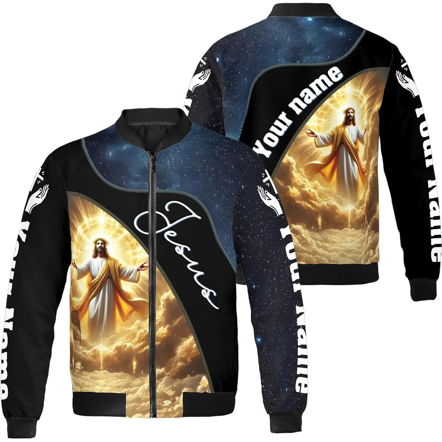 Personalized Jesus Bomber Jacket S–5XL - Christian Faith Zip Up Coat with Custom Name, Religious Cloud and Galaxy Outerwear for Men and Women, Church Group Apparel and Christian Gift