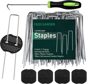 6 Inch 50 Pcs Galvanized Landscape Staples 50 Pcs Gaskets Pick Hook Garden Stakes 11 Gauge Anti-Rust Landscaping Fabric SOD Pins U Shaped Yard Turf Stakes for Weed Barrier Fabric