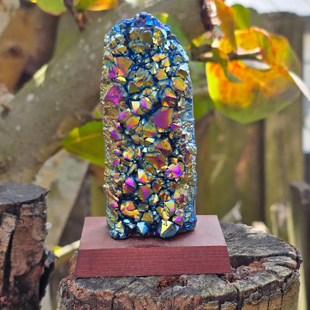 Rainbow Aura Amethyst Cluster On Wood - B