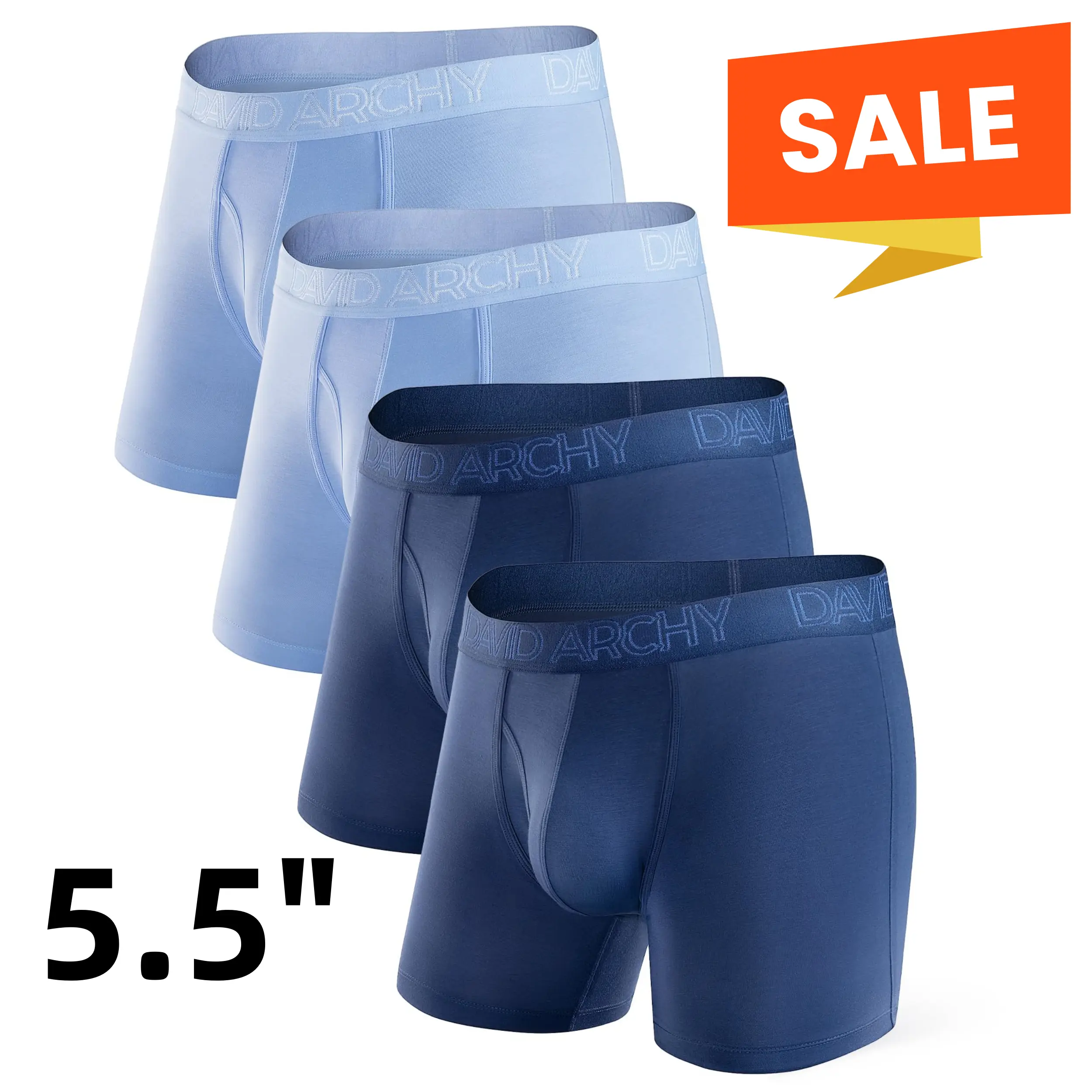 DAVID ARCHY Men's Boxer Briefs (4/7 Pack) - Navy Blue/Airy Blue-5.5 in 4 Pack, Soft Rayon-from-Bamboo Spandex Fabric, Moisture-Wicking, Dry, Cool, Support Fly Pouch, Menswear Clearance, Fit for Father's Day Gift