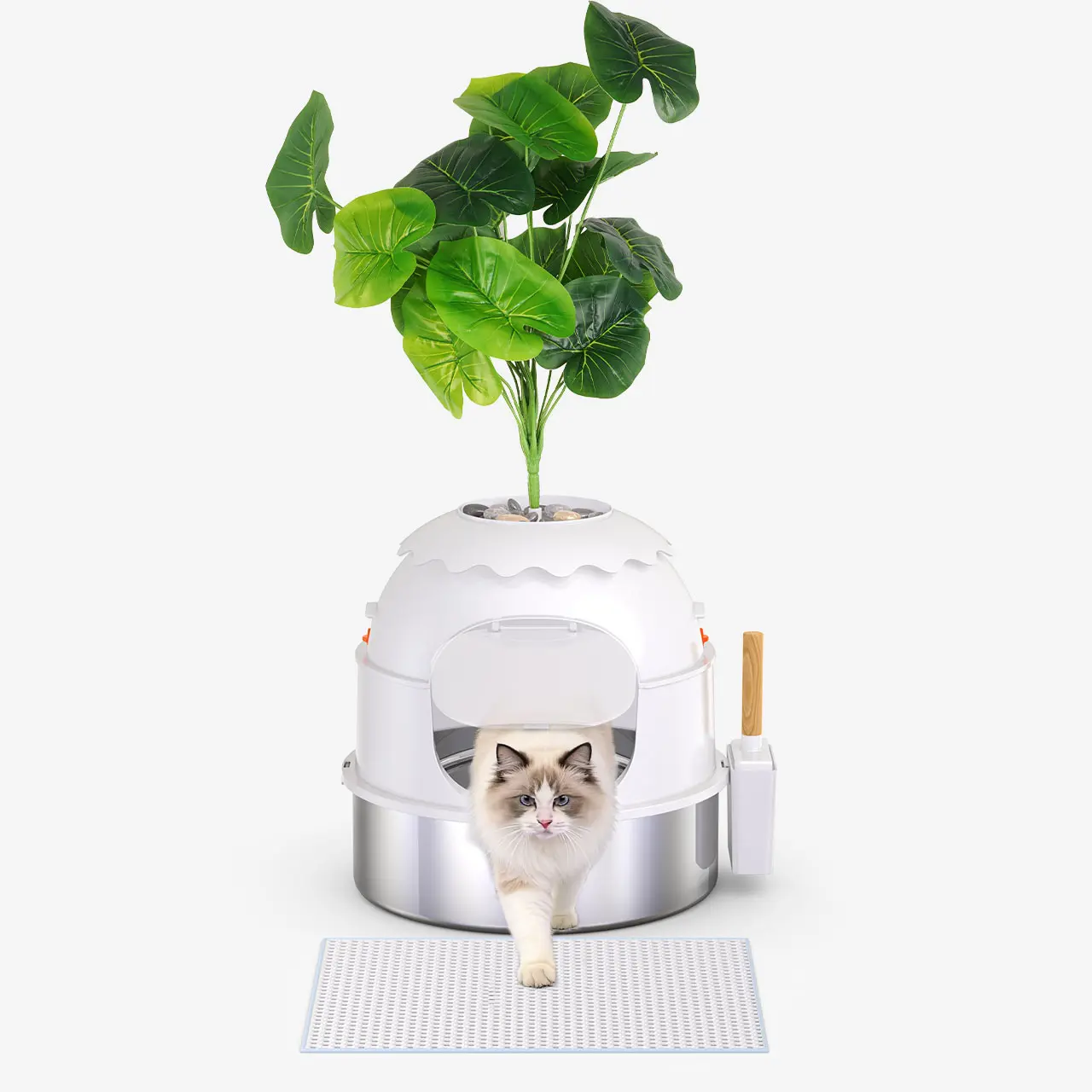 【DealsForYouDays】Misofog Hidden Cat Litter Box, Stainless Steel Litter Box Furniture with Artificial Plant Decor, Decorative Cat Litter Box Enclosure, Includes Scoop, Pebbles & Carbon Filter, Easy to Clean
