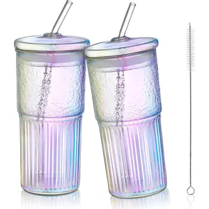 22 oz Iridescent Glass Tumbler with Straw and Lid for Iced  Coffee Smoothie Water Juice Beverages Soda,Ribbed Glasses Cups,Borosilicate Drinking Jar,Set of 2