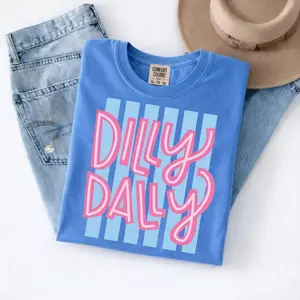 Comfort Colors Dilly Dally Colorful Stripe T-Shirt, Preppy Girly Summer Tee, Funny Trendy Graphic Top, Spring Outfit Shirt, Cute Casual Wear