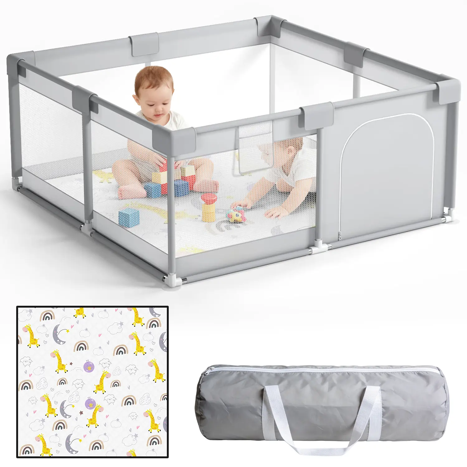 Desque Baby Playpen, 47x47in Polyester Synthetic Fabric with Mat, Manual Quick Setup, Portable Carry Bag, Indoor-Outdoor Toddler Play Space, Durable Oxford Fabric, 8 Anti-Slip Pads, Latex Free