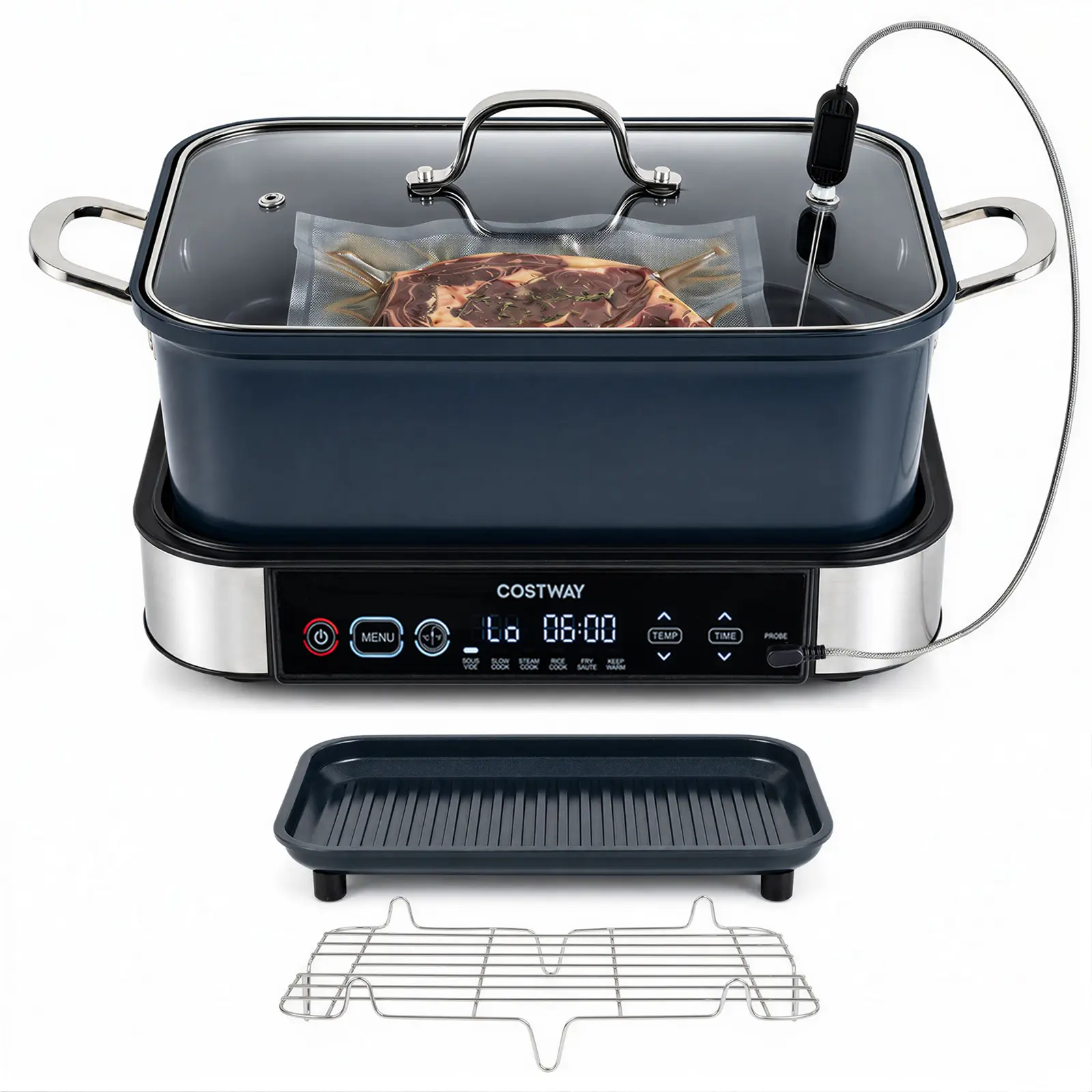 COSTWAY 6-in-1 Programmable Slow Cooker with Sous Vide, 6.8 Quart, Steam, Fry, Rice & Keep Warm Functions, Adjustable Timer & Temp Control, Nonstick Removable Pot, Dishwasher Safe Parts