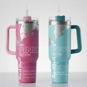 Bull Energy Drink Custom 40oz Insulated Tumbler with Handle & Straw | Energy Drink Inspired Travel Mug for Hot & Cold Drinks