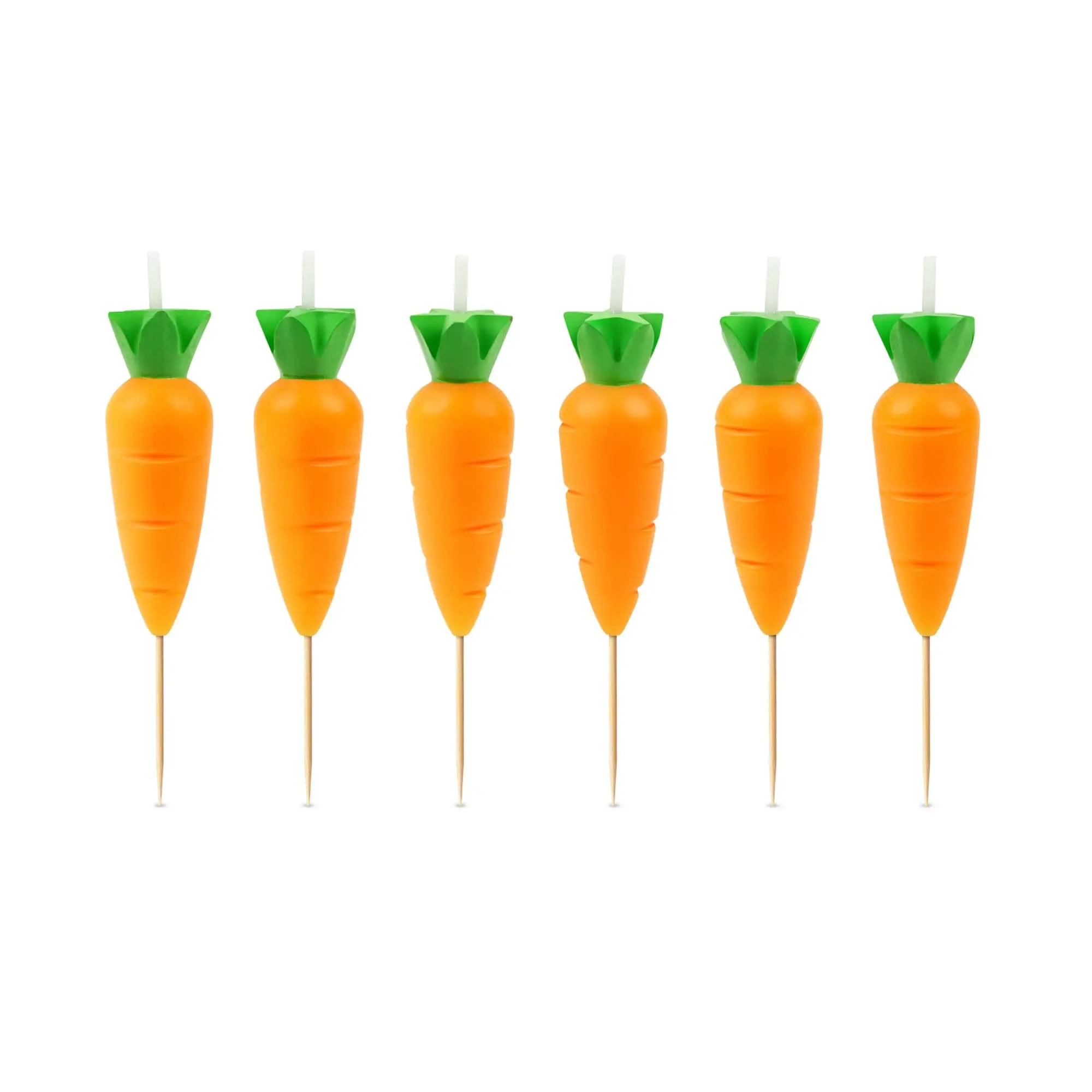 GARDEN PARTY Carrot Candles Set of 6 Farm-Fresh Flair for Cakes Cupcakes and Desserts 2.4" Tall with Wooden Picks