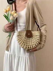 Women's Elegant Crochet Crossbody Bag, Boho Style Half Round Hollow Out Design Shoulder Bag, Trendy Exquisite Crossbody Bag for Daily Use, Fashionable Bohemian Bag, Chic Crossbody Purse