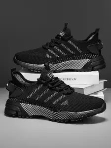 Men's Black Lace Up Low Top Sneakers, Casual Comfortable Breathable Sports Running Shoes, Athletic Running Shoes, Outdoor Walking Shoes