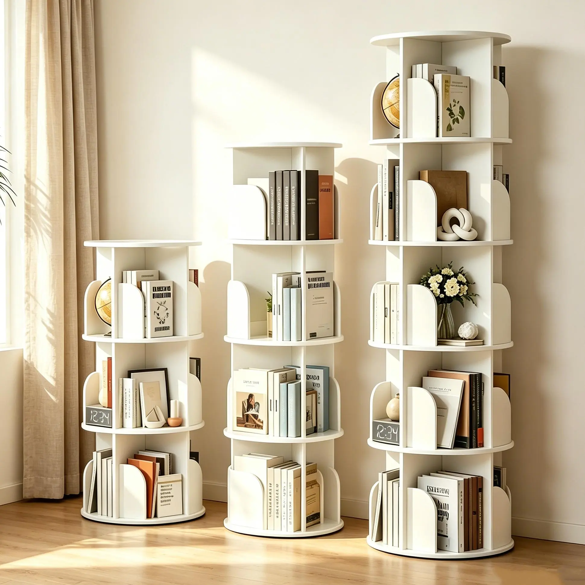 3/4/5 Tier Rotating Bookshelf Tower, Study Spinning Bookshelf for Small Space, 360° Display Revolving Bookcase Lazy Susan, Freestanding Vertical Corner Book Shelf for Bedroom, Living Room, White