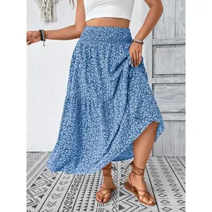 Plus-size floral midi skirt — smocked waist, side pockets (casual/work) GARMENTARY