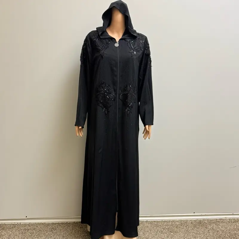 Black on Black Abaya with Hood and Pockets - Elegant Design for Stylish Wear