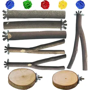 8 PCS Natural Wood Bird Perches Stand for Cage, 5 PCS Parrot Rattan Balls, Wooden Hanging Multi-Branch Perches Platform, Hammock Swing Toy for Parakeets, Budgies, Cockatiels, Conures, Macaws (13 PCS)