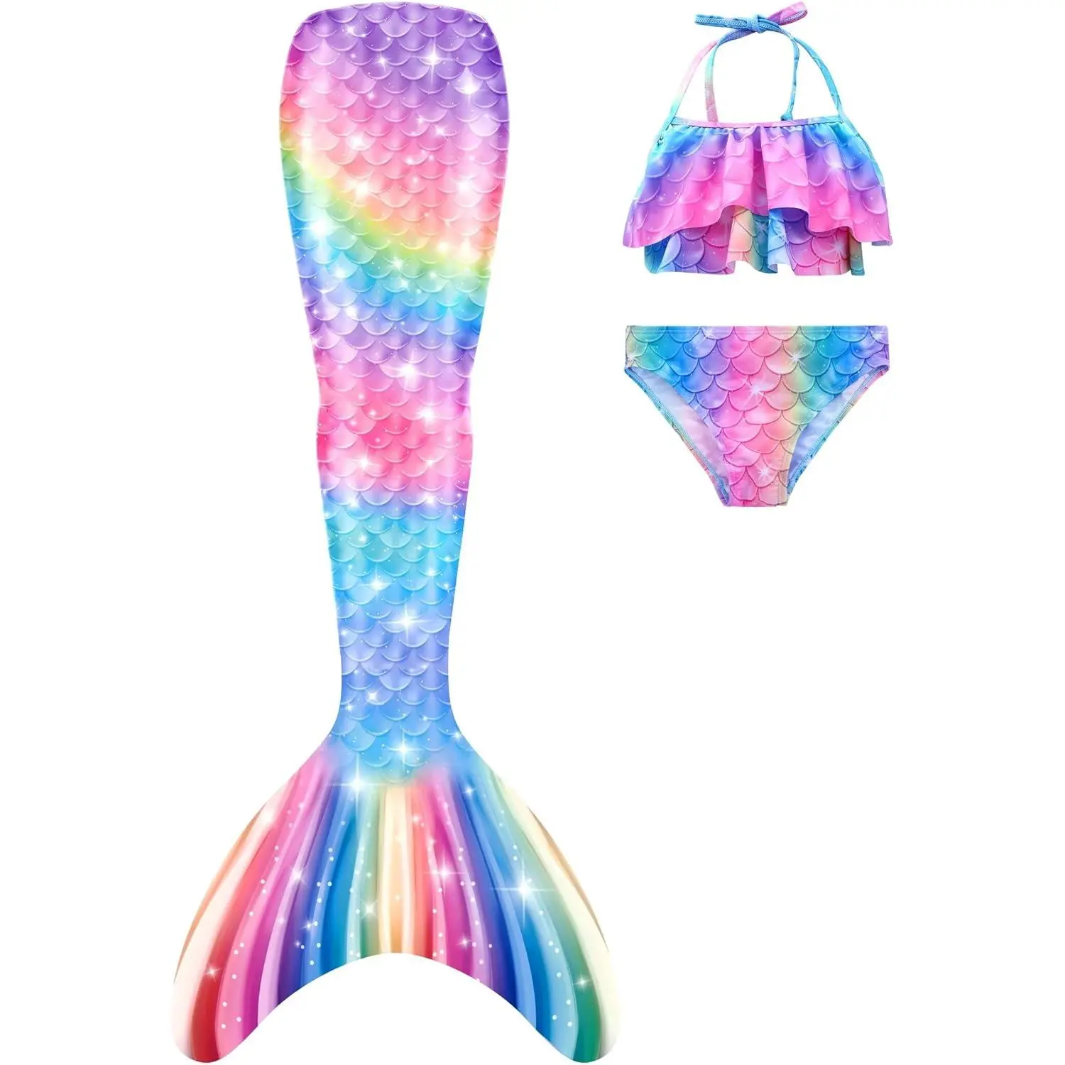 Girls' 3-Piece Mermaid Tail Swimsuit, Flounce Ruffle Bikini with Rainbow Print, Costume for Themed Events & Party Dress Up (Fin Excluded), Swimwear Outfits, Bathing Suits, Bikini Sets