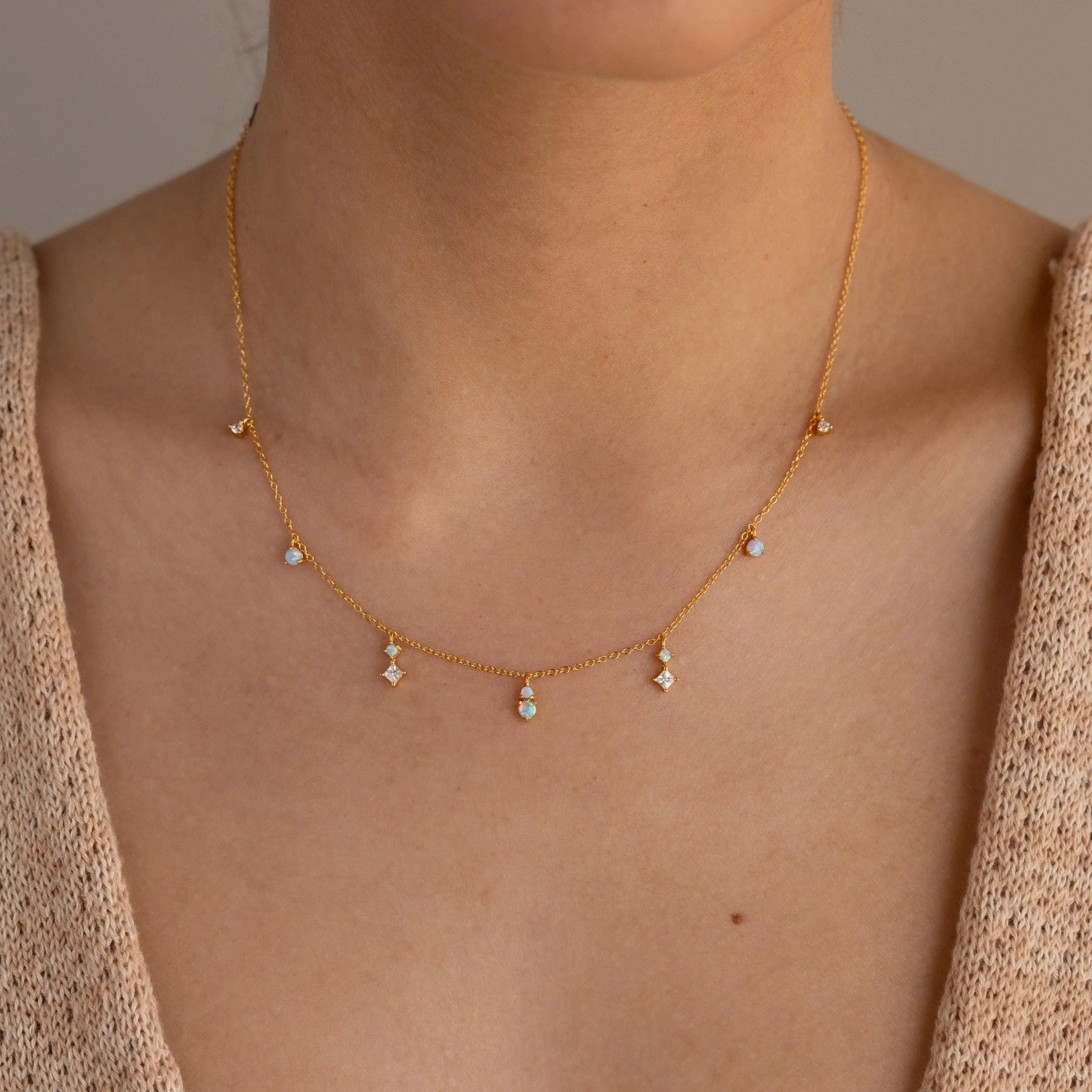 Opal Diamond Station Necklace by Caitlyn Minimalist - Dangling Mixed Crystal Charm Necklace - Gemstone Layering Necklace - Boho Jewelry - Gift for Her