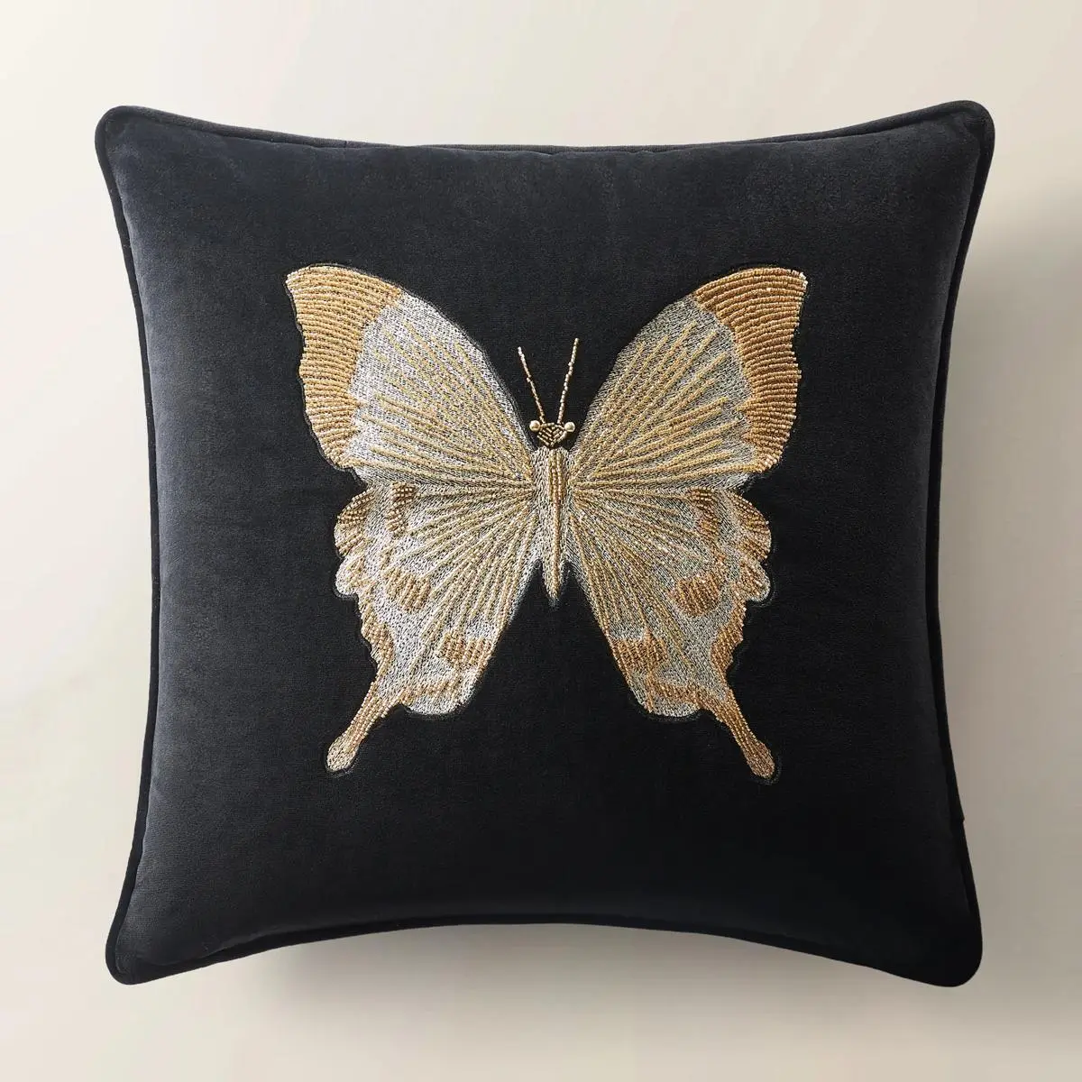 Z Gallerie Bella Butterfly Velvet 20x20in Square Pillow - Removable Feather-Down Insert, Smooth Black Backdrop, Hand-Applied Butterfly Detail, Bedroom Inspo Decor, Gold Accent Home Soft Furnishings Accessory