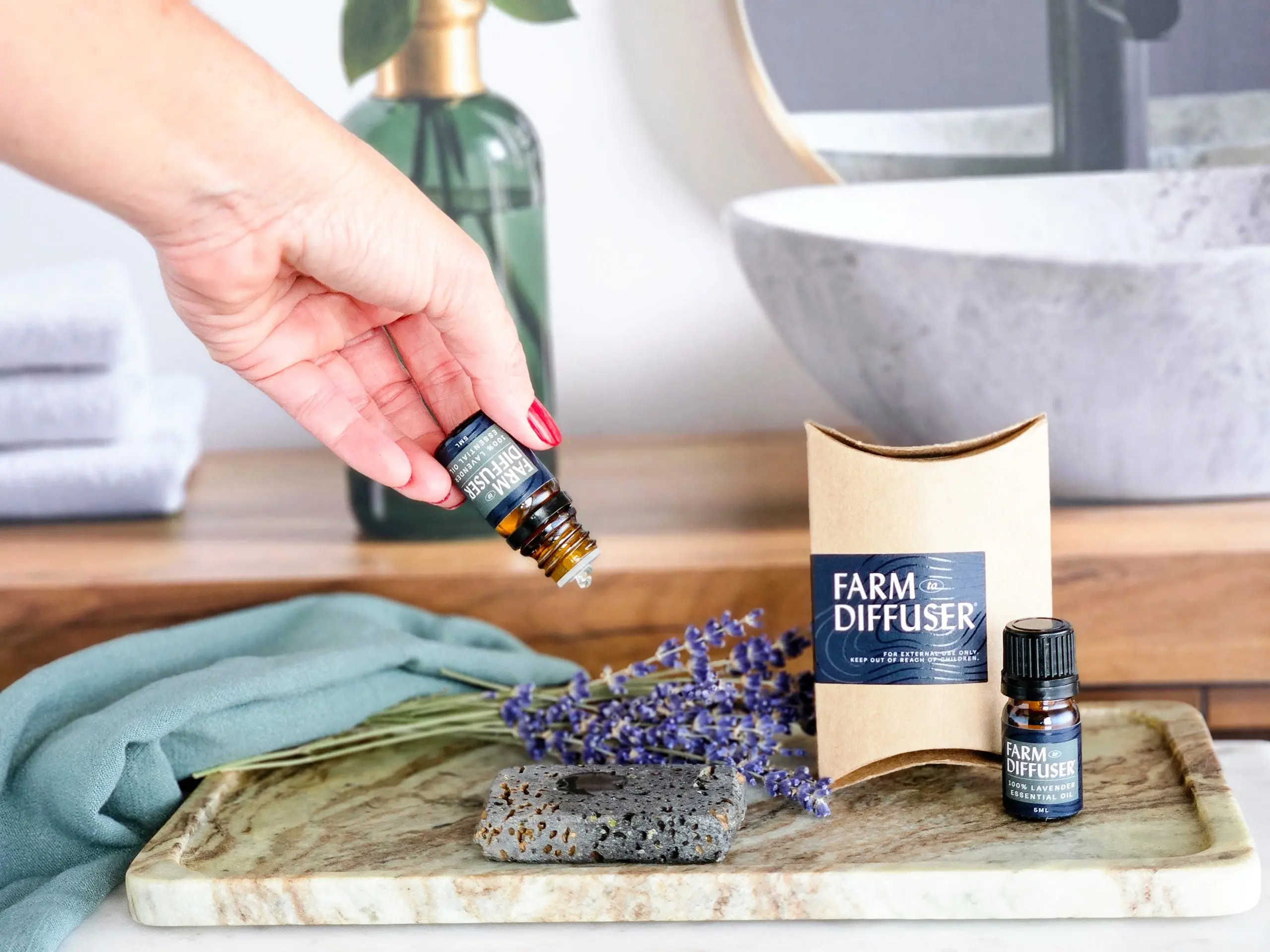 Volcanic Stone Shower Diffuser + Farm-Grown Lavender Essential Oil | No Synthetic Fragrance, No Baking Soda, No Plastic | Farm to Diffuser