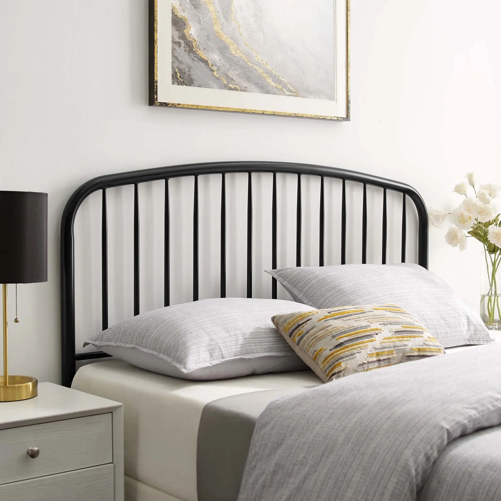 Modway Nova Queen Adjustable Spindle Arched Metal Headboard, Black - Modern Indoor Bedroom Furniture, Sham Styles Compatible, Bedroom Decor, Modern Headboards