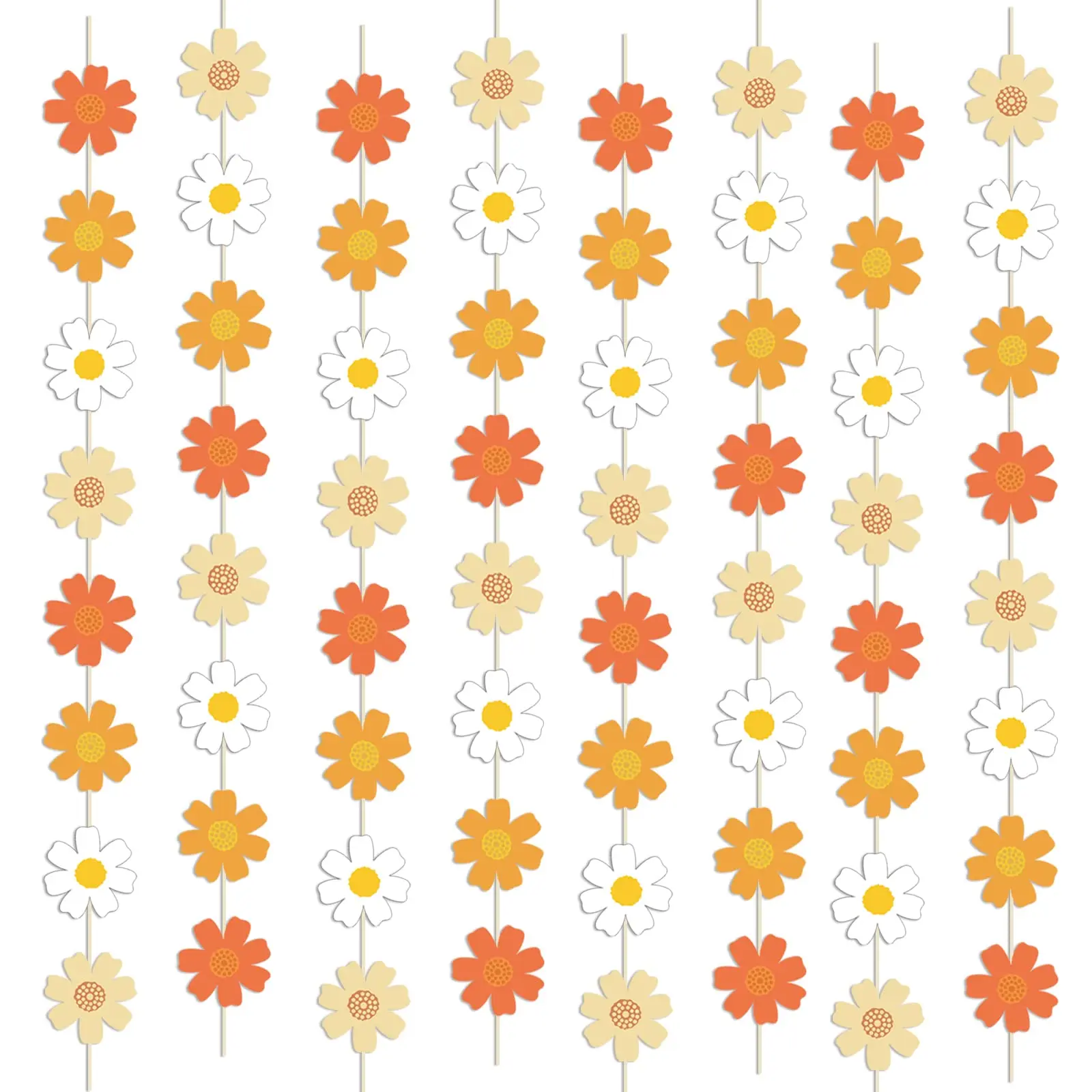 8-Piece Retro Daisy Hanging Banners – 55-Inch Boho Party Decorations in White, Yellow, Orange, and Green – Perfect for Baby Girl Birthday or Events