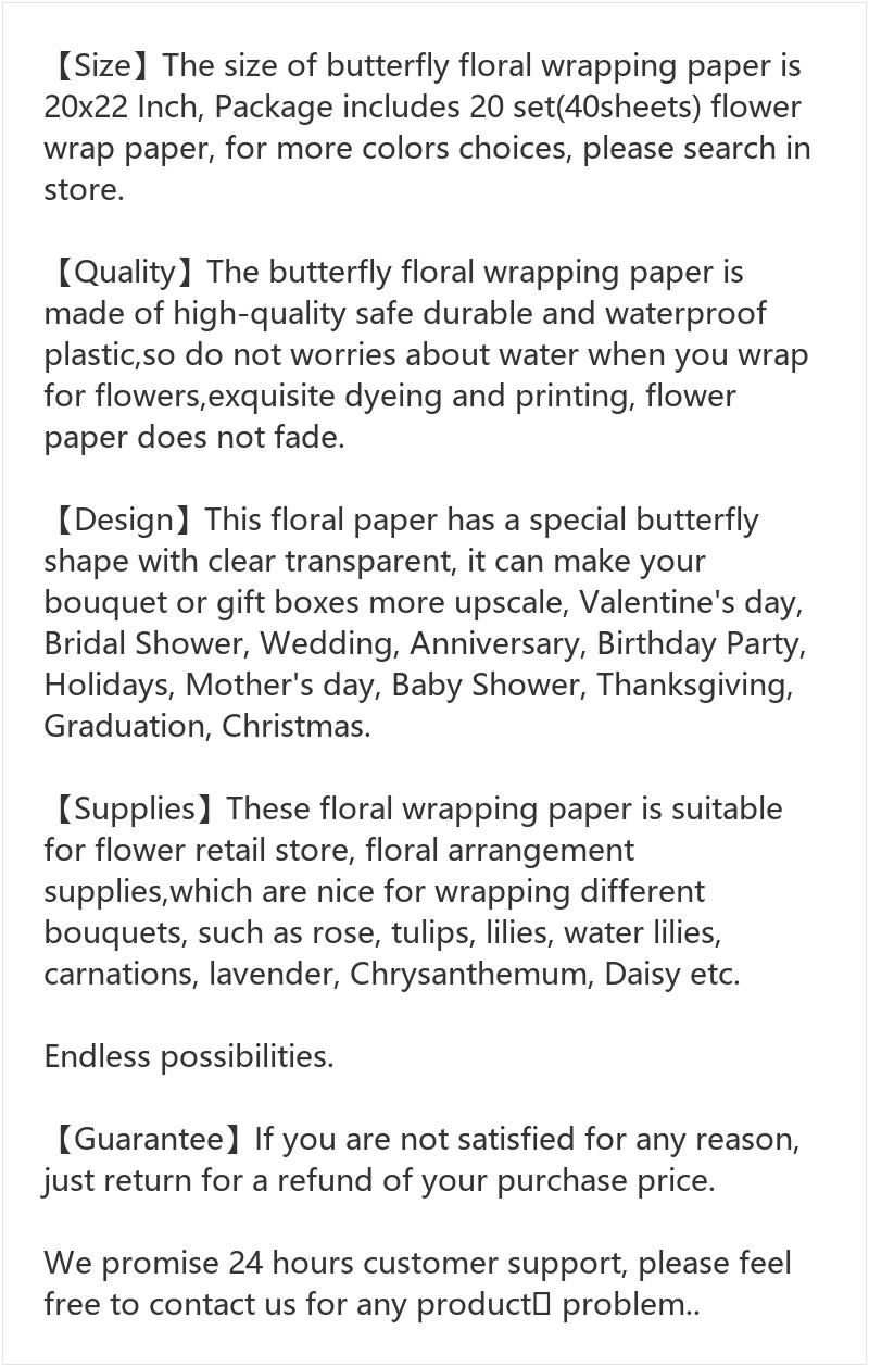 40 Pcs White Butterfly Floral Wrapping Paper, 20 Sets of Waterproof Clear Flower Bouquet Wraps 20 x 22 Inch for Florist Supplies Wedding Graduation and Craft