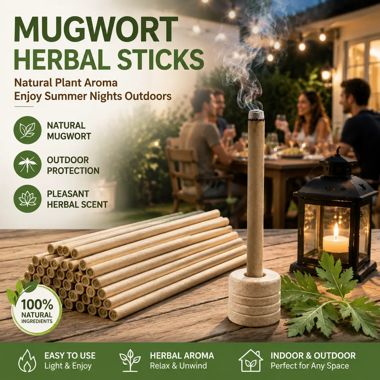 50 Pack Mugwort Sticks, Natural Herbal Outdoor Repellent Sticks for Patio, Camping, Backyard & Home, Plant-Based Scented Sticks for Summer Use