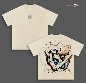 TogepiPKM Anime Double Printed Vintage Washed Tee Unisex Oversize Heavyweight Cotton T-shirt for Anime Fans and Lovers