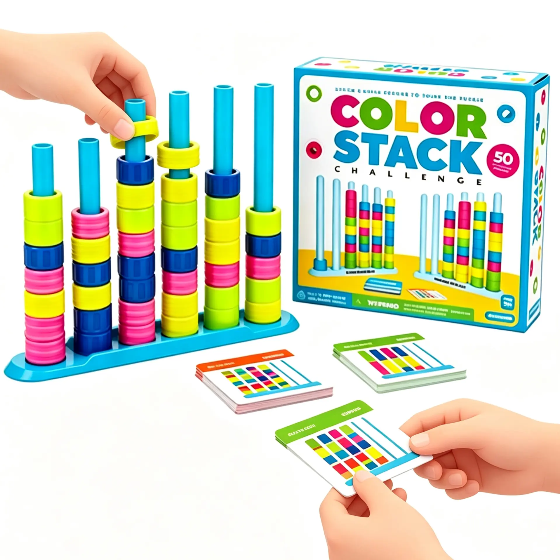 Color Stack Challenge Logic Game, Fast-Paced Color Sorting Puzzle Kit for Kids & Families, Brain Toy with Stack Rack, 40 Plastic Rings & 50 Dual-Difficulty Challenge Cards