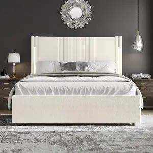 HOMBCK HOMBCK Full Queen King Bed Size Frame, Velvet Upholstered Platform Bed with Channel Tufted Headboard, Chrome Finished Wing Edge, Wooden Slats, No Box Spring Needed, Easy Assembly, White