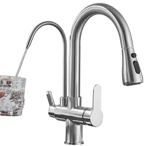 3 Way Kitchen Sink Faucet with Pull Down Sprayer, 2 Handle 3 in 1 Water Filter Purifier Faucets Brushed Nickel