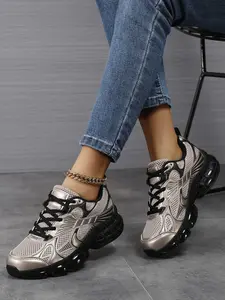 Women's Comfortable Thick Sole Sporty Sneakers, Athletic Footwear Sneakers, Outdoor Sports Sneakers, Textile Upper, Medium Width, Outdoor Travel Training Shoes, Workout Sneakers, Gun Color