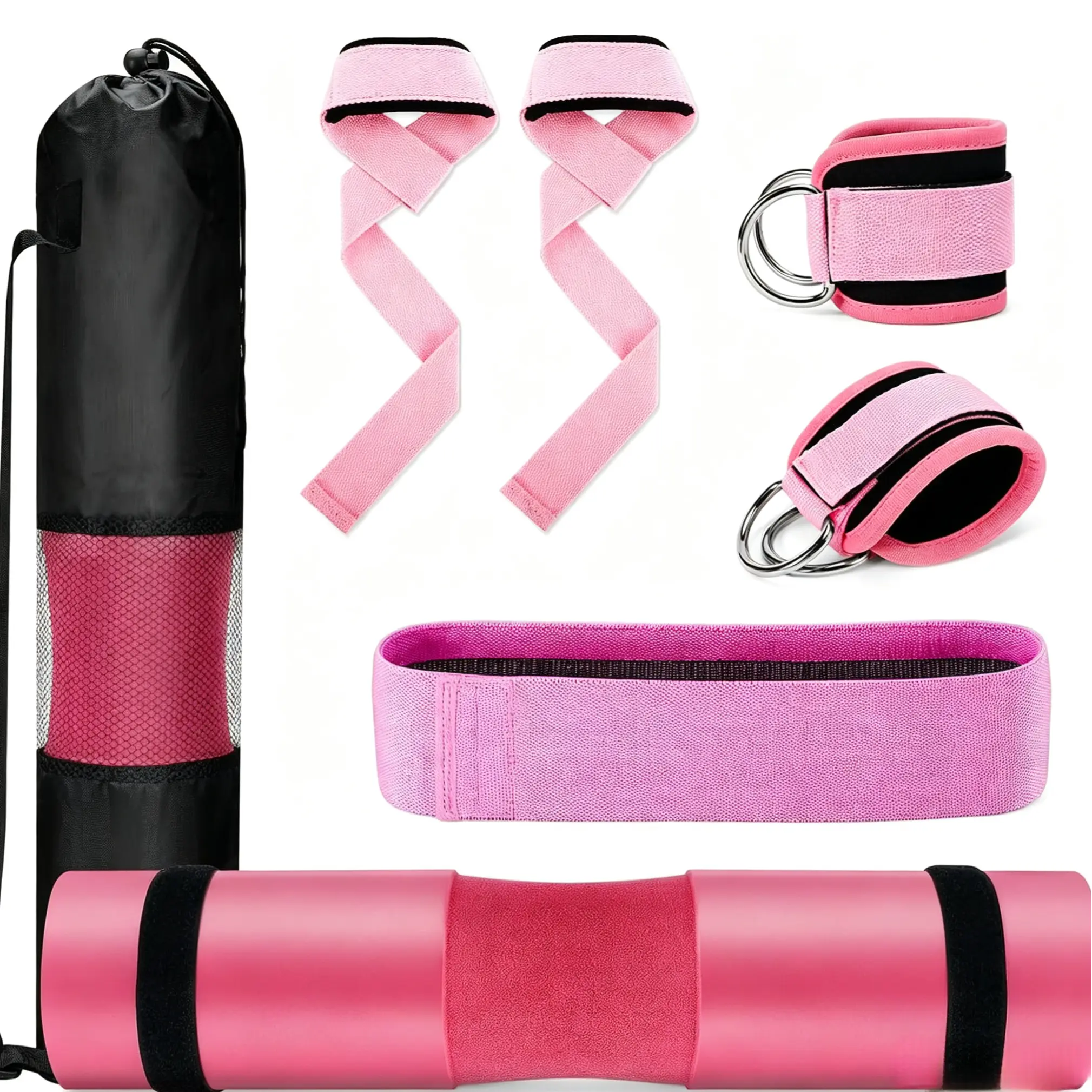 Women Gym Barbell Shoulder Neck waist Pad Workout Accessory Set, Weight Lifting Foam sway Bar Cushion with Resistance Bands & Ankle Straps