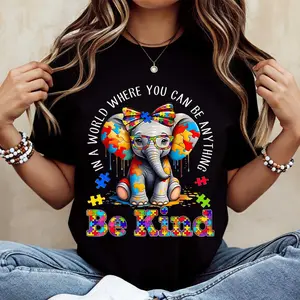 Elephant With Puzzle Pieces And Be Kind Print T Shirt Crew Neck Casual Wear For Women And Girls