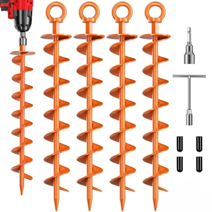 Ground Anchor Screw in Spiral Trampoline Anchors with Nut and Tool Swing Set Anchors Tent Stakes High Wind Heavy Duty for Sheds Carports Mobile Home Camping Tent Waterproof heavy-duty