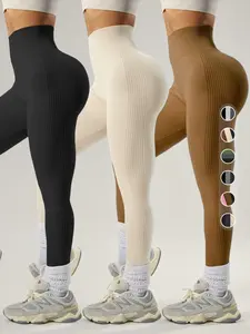 Women's Solid Sports Leggings, High Stretch Seamless Skinny Pants, High Rise Tummy Control Sporty Yoga Leggings, Seamless Sculpt Leggings, Ladies Sportswear, Tight Leggings