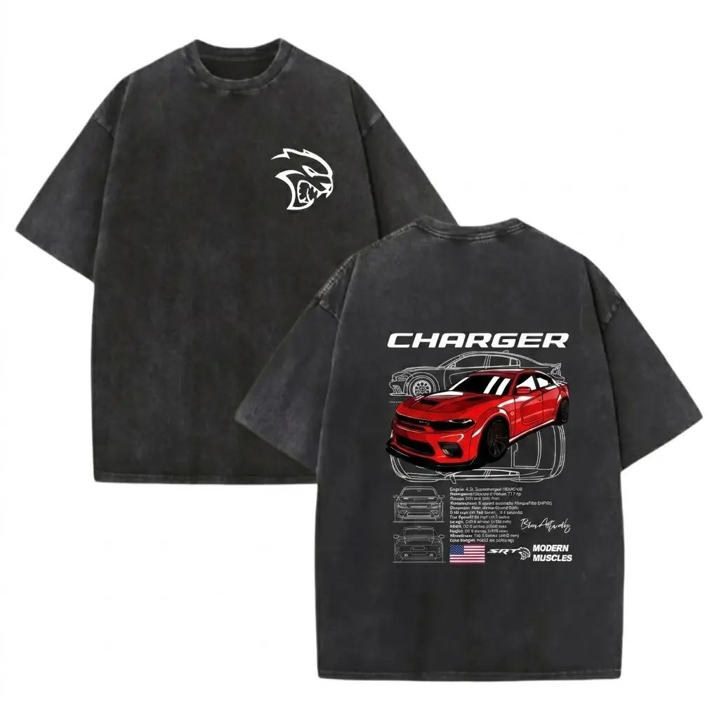 Vintage Washed Muscle Car Graphic Tee - Heavyweight Oversized Men's T-Shirt, Charger Hellcat Blueprint Streetwear Top, Car Enthusiast Gift