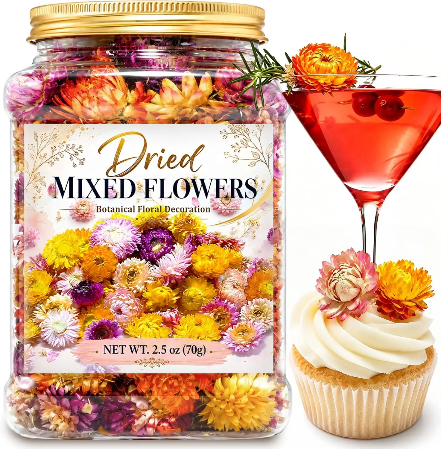 90+ Edible Mixed Color Dried Flowers，Strawflower Heads for Cake Decor | Food-Grade Edible Dried Strawflower Heads, Naturally Dried to Preserve Color & Shape, Ideal for Cakes, Drinks and Crafts