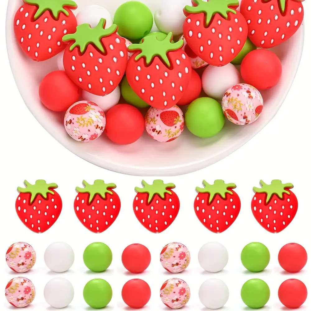 50 pieces, 15mm red strawberry-shaped silicone beads. Fruit-shaped silicone focused scattering beads. Suitable for DIY bracelets, necklaces, pen holders and keychains.
