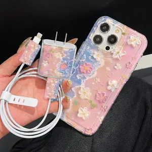 5-Piece iPhone Case Set with Transparent Metal Frame, Includes 1 Charger Sleeve, 2 Cable Protectors, Silicone Cable Tie for iPhone Models 11 to 15