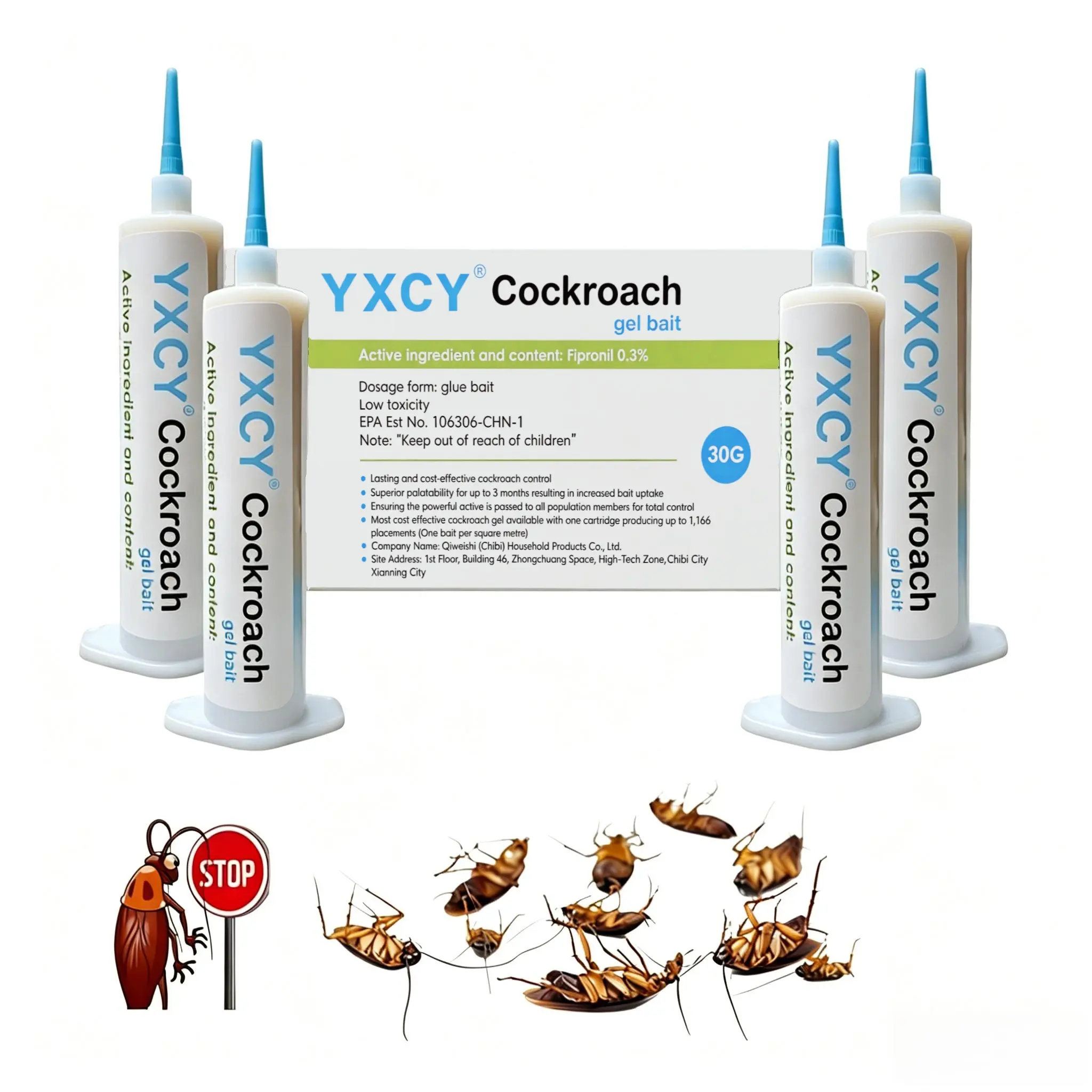 YXCY Cockroach Gel Bait, 4 Tubes x 30-Grams, 1 Plunger and 2 Tips, German Roach Insect Pest YXCY Control, Indoor and Outdoor Use, Roach Killer Gel for American, German and Other Major Cockroach Species