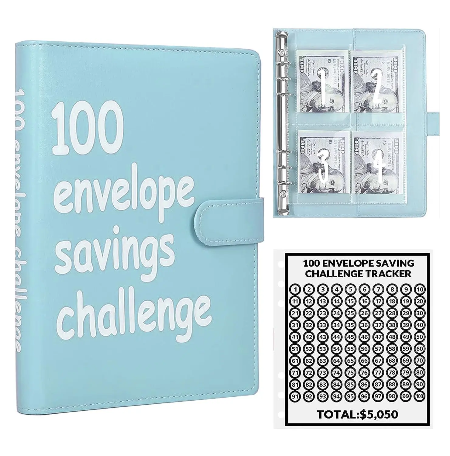 100 Envelope Money-Saving Challenge, 100 Envelope Challenge Binder, Simple and Fun Way to Save $5,050, Savings Challenge Budget Book Binder with Cash Envelopes, Suitable for Office, Home, School
