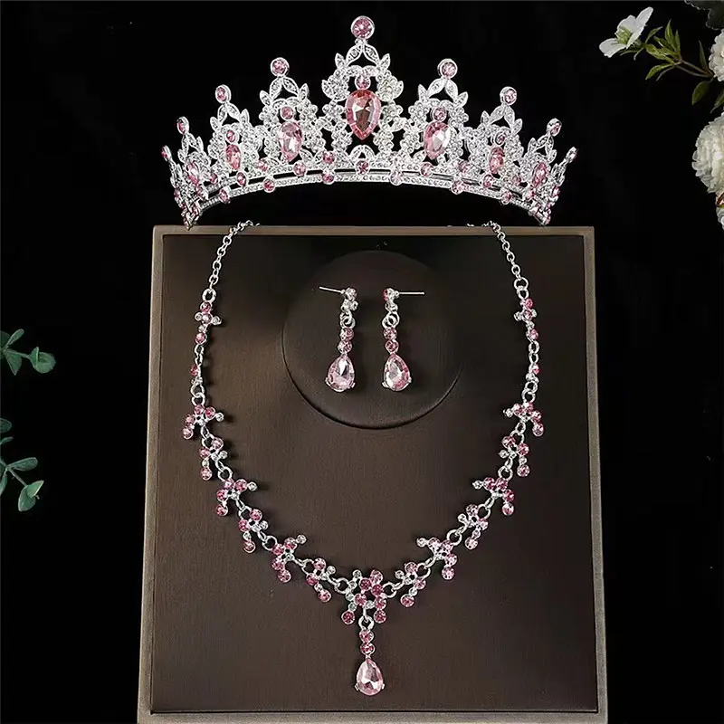 Silver background pink crown+necklace+ea