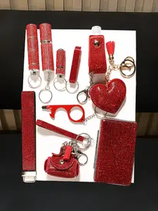9pcs Red Full Diamond Shiny Accessories suit Rhinestone Keychain Card Case Wolf Protection Multi-piece Set Fashion Women